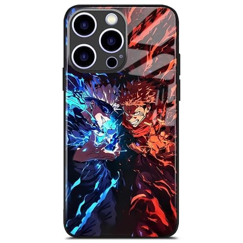 Akatxezy Satoru vs. Yuji Sukuna JJK Tempered Glass Glossy Anime Phone Case - Soft Silicone Protection Shell, Manga Character Design for iPhone 15 - Image 1