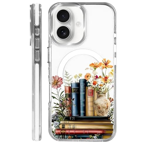 MQJCYB Magnetic Case for iPhone 16 Design On Clear Base, Compatible with MagSafe, Slim Protective Soft TPU Bumper Phone Cover Women Girls Case for iPhone 16 -Clear Book Lover Flower - Image 1