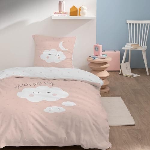 MATT & ROSE Parure de lit Enfant Fille 140x200 cm Nuages | 100% Coton | Oeko-TEX | Housse de Couette Enfant 140x200 cm + 1 Taie d'oreiller 65x65 cm Imprimées Réversibles Blanc, Rose - Image 1