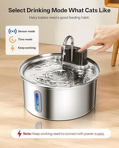 Wireless Cat Water Fountain for Drinking, VinDox 108oz/3.2L Stainless Steel Pet Water Fountain 20dB Ultra-Quiet 4200mAh Battery Operated with Motion Sensor for Cats & Dogs thumbnail 7