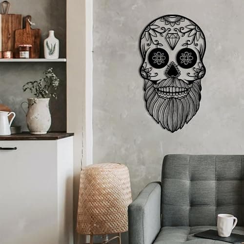 RUNBOAT Sugar Skull Metal Wall Art, Skeleton Metal Sign Wall Art, Gothic Metal Wall Decor, Skull Wall Decor, Sugar Skull Decor, Halloween Decor for Living Room, Bedroom, Bar (Gold, 30x17in|76x43cm) - Gold - 30x17in|76x43cm thumbnail 5