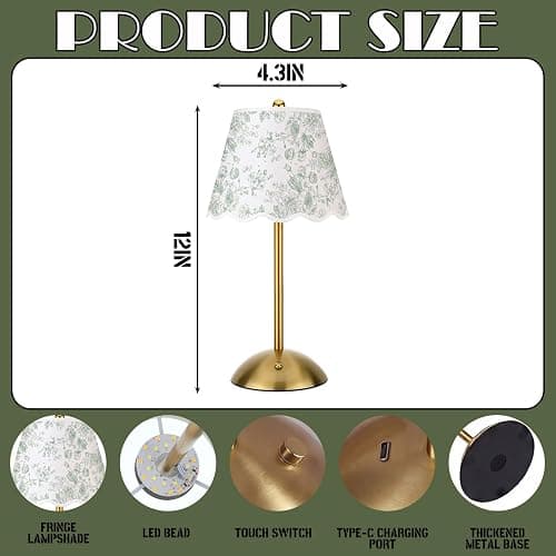 Grinsvalley Green Floral Wedding Cordless Table Lamps Rechargeable, LED Desk Lamp, 3 Colors Smooth Dimming, Portable Table Decor for Dining, Bridal Shower, Outdoor thumbnail 8