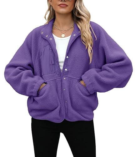 Yanekop Womens Fleece Jacket Fuzzy Long Sleeve Short Winter Coats Button Down Sherpa Jacket Outerwear with Pockets thumbnail 3