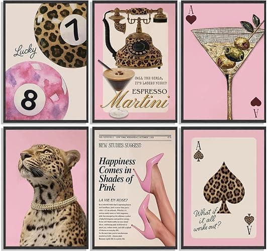 6Pcs Trendy Pink Leopard Wall Art Vintage Preppy Posters Prints Y2k Luxury Aesthetic Wall Decor Pictures Lucky 8 Ball Cheetah Painting for Girls Bedroom Dorm Decorate 12x16in Unframed - Image 1