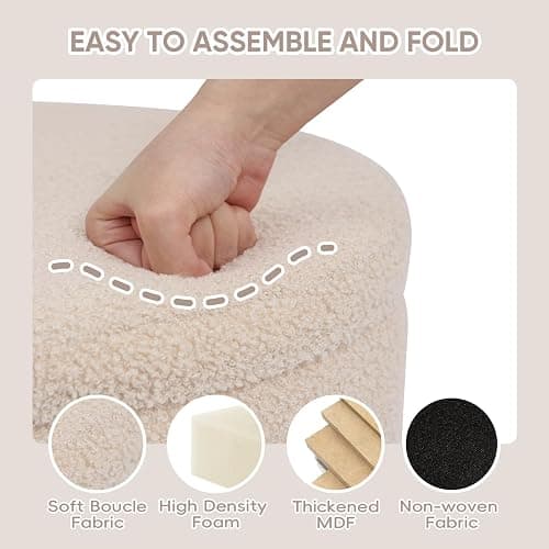 PINPLUS Storage Ottoman, 29.9 inches Velvet Sherpa Folding Storage Round Foot Rest Ottoman Beige Color,16.9" D x16.9 W x 17.7" H thumbnail 6
