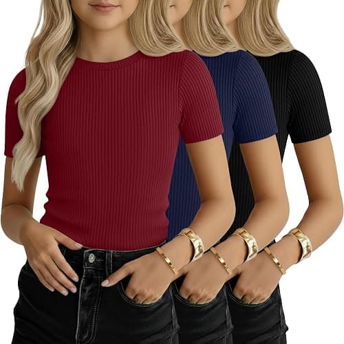 YooAurvox 3 Pack Girls' Short Sleeve T-Shirts Kids Ribbed Soft Tees Crew Neck Slim Basic Tops Solid Color 5-14 Years - Image 1