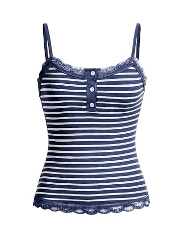 SOLY HUX Women's Striped Lace Trim Cami Crop Top Button Front Spaghetti Strap Y2k Tops - Image 1