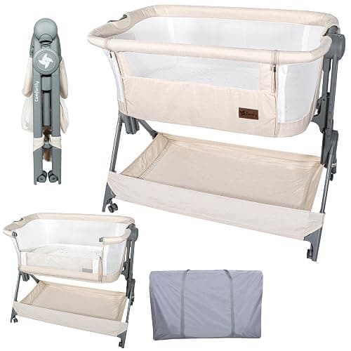 Twinly - Beistellbett 2-in-1, Babybett Faltbar und Höhenverstellbar COMFORTLY, 0-6 Monate, 5 Höhenstufen, Atmungsaktive Matratze, Netzseiten, 4 Rollen, Tragetasche, Einfach zu Transportieren (Beige) - Beige - Image 1