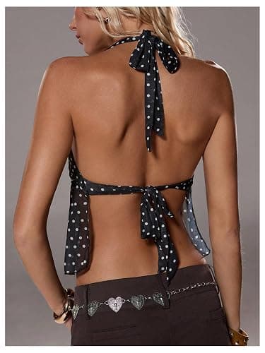 Milumia Women's Polka Dots Tie Backless Halter Top Deep V Neck Ruffle Hem Peplum Going Out Party Club Crop Tank Tops thumbnail 4