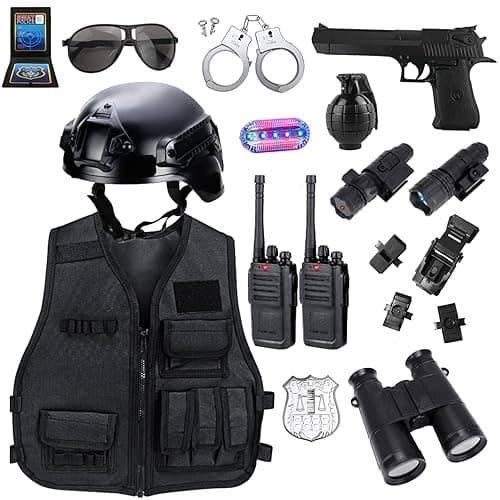 Police Costume for Kids, Tactical Helmet with Walkie Talkies,Swat Vest for Boys, Police Officer Uniform Role Play Toddler Dress Up Clothes with Toy Gun, Halloween Costumes for Kids 4 5 7 6 12 Year Old