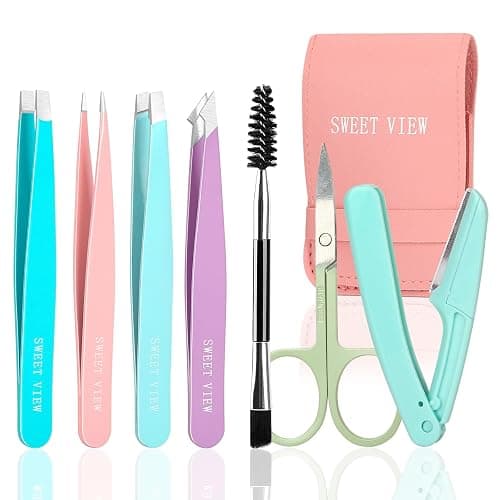 SWEET VIEW 7pcs Eyebrow Tweezers Kit for Women Precision Plucker with Brow Scissors & Razor & Spoolie for Facial, Chin, Brow, Splinter and Ingrown Hair - Image 1