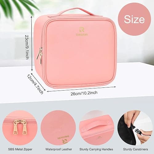 Relavel Travel Makeup Bag With LED Mirror Portable Travel Makeup Organizer 3 Color Adjustable Brightness Waterproof Cosmetic Train Case with Removable Dividers Makeup Storage for Women, Pink thumbnail 2