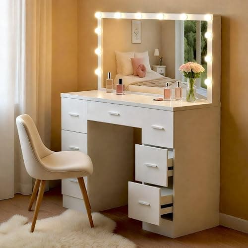 CLP Coiffeuse avec éclairage et Miroir 110x55 cm Ginny, Miroir Hollywood à LED dimmable avec 3 Couleurs de lumière, avec tiroirs, Couleur:Blanc thumbnail 3