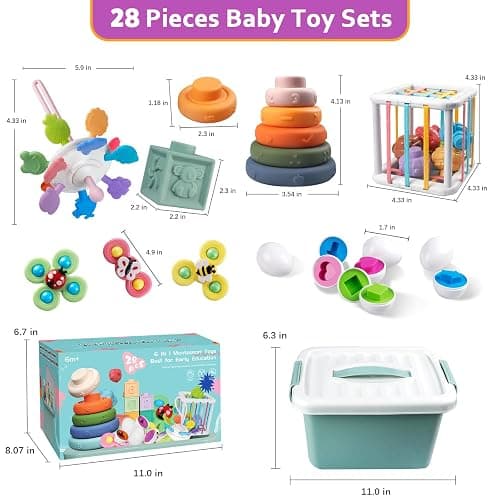 Baby Toys for 6 to 12 Months, Montessori Sensory Bins Toys for Toddlers 1-3, Pull String Teether Infants Bath Toys 6 in 1 Stacking Blocks Rings, Matching Eggs, Suction Cup Spinner Toy thumbnail 6