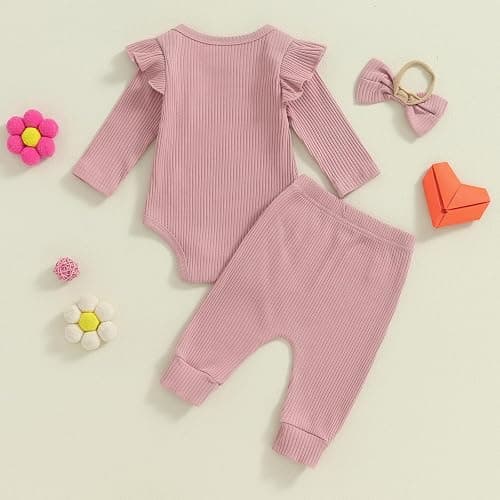 Tsnbre Newborn Baby Girl Outfits Daddys Girls Ruffle Long Sleeve Romper Top Pants Headband Infant Fall Winter Clothes thumbnail 3