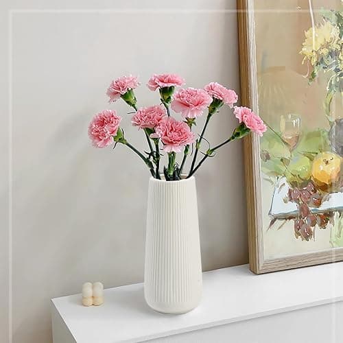 Ceramic Vase for Flower, Pampas Grass Vase, 7.8''H Ribbed Decor Vase, White | Nordic Minimalist Flower Vase, White Modern Home Office Decor Vases, For Living Room, Dining Table, Bedroom, Kitchen Shelf thumbnail 5