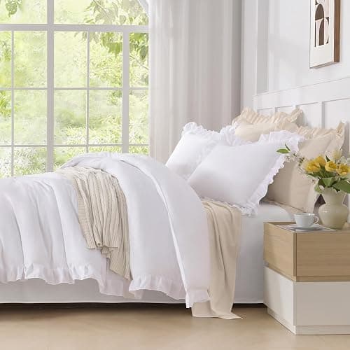 Andency Comforter Full Size Set White, 3 Pieces Ruffle Farmhouse Shabby Chic Gift Full Comforter Set, Soft Lightweight Fluffy All Season Room Decor Bed Set for Girls Women Teens Daughter thumbnail 6