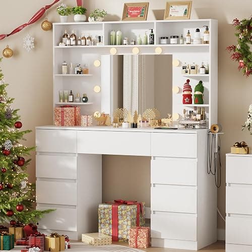 Vanity Desk with Mirror and Lights,43" Makeup Vanity Table with 9 Drawers and 7 Storage Shelves, Power Outlet & Adjustable LED Lights, Dressing Table for Bedroom，White thumbnail 8