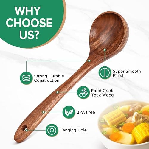 Wooden Spoons for Cooking,2 Pcs Wooden Utensil Set of Soup Ladle &Spaghetti Pasta Spoon with Teeth, Teak Wood Soup Ladle&Slotted Pasta Fork Strainer Spoon Set for Serving Collecting Noodle Gravy Sauce thumbnail 3