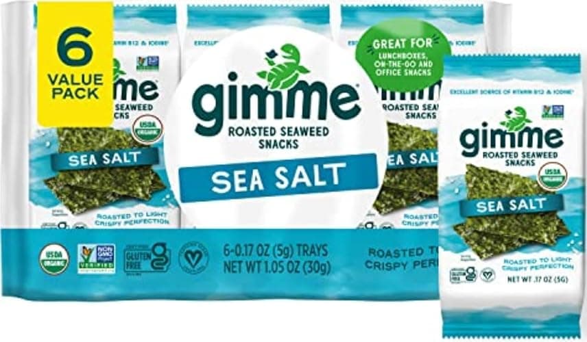 Gimme Seaweed Organic Premium Roasted Seaweed Snacks, Sea Salt, 6 Count, Keto, Vegan, Gluten-Free, Great Source of Omega3s and Iodine, Healthy On-The-Go Snack for Kids and Adults - Image 1