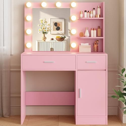 LIVELYGLOW Lighted Makeup Vanity Desk, 35.4“W x 15.7'”D x 54“H, Pink (with Lights and Mirror, Dimming Fuction, 2 Drawers and 1 Cabiniet, Open Shelves) - Image 1
