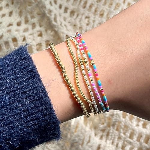 SHINUS BOHO 14K Gold Plated Beaded Bracelets Stack Set for Women,Stretch Boho Ball Jewelry Friendship Trendy thumbnail 2