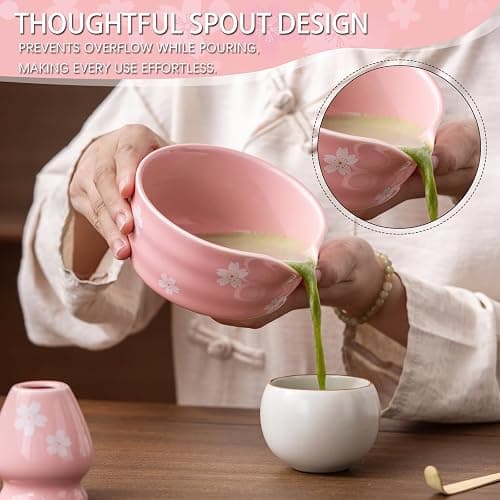 Buucup Matcha Whisk Set, Ceramic Matcha Bowl with Spout, Pink Matcha Kit | Includes bamboo whisk, holder, scoop and stainless sifter. Japanese-style matcha set designed for smooth tea preparation. thumbnail 5