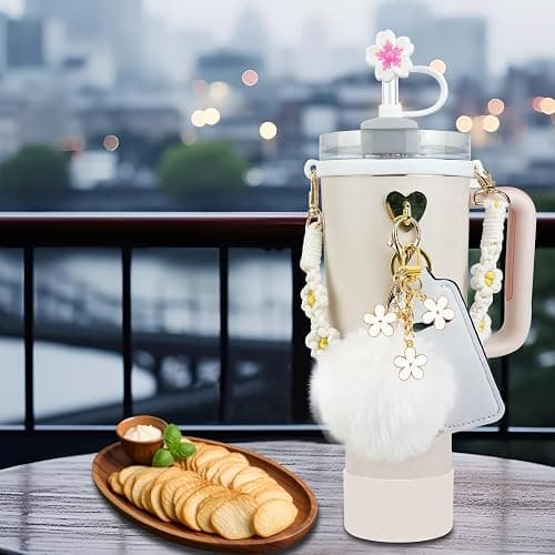 Velaco 11 PCS Stanley Cup Accessories - Water Bottle Handle Strap for 30/40 oz Tumbler with Handle, Including Straw Toppers, Silicone Cup Boot, Keychain Charms - White - 11 PCS White thumbnail 3