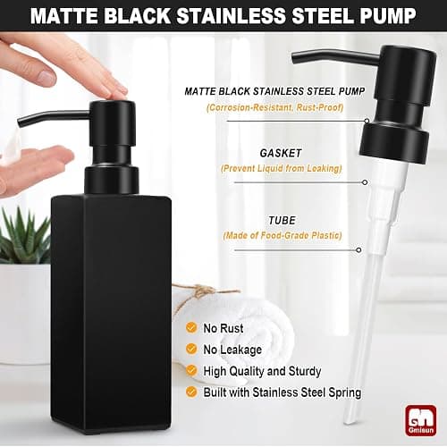 GMISUN Black Soap Dispenser, Hand Soap Dispensers Bathroom, 12oz Glass Soap Dispenser with Stainless Steel Pump, Dish Soap Dispenser for Kitchen, Bathroom/Kitchen Liquid Soap Dispenser Set, 2-Pack thumbnail 3
