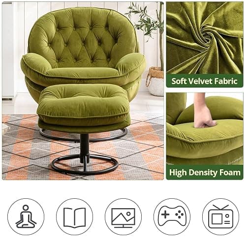 Velvet Swivel Accent Chair with Ottoman Set, Modern Lounge Chair with Metal Base Frame & Footrest, Comfy Single Leisure Sofa Chair Reading Chair with 360 Degree Swiveling for Living Room, Fruit Green thumbnail 6
