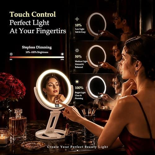 Travel Makeup Mirror with Lights, 1X/30X Double-Sided Magnifying Mirror | Velmelle Foldable Lighted Makeup Mirror with 2000mAh Battery, 3 Lighting Modes, Dimmable Touch Screen & Smart Display thumbnail 5