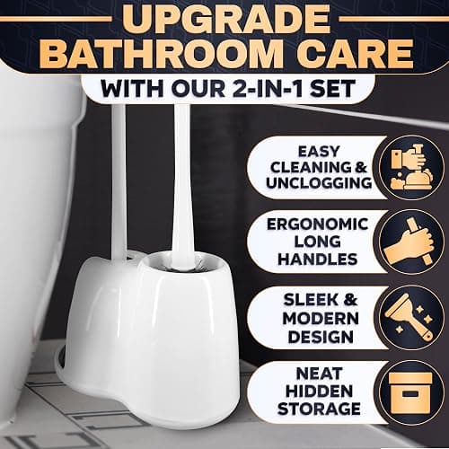 2-in-1 White Toilet Brush and Plunger Set with Holder – Compact Bathroom Cleaning Combo, Strong Rubber Plunger & Stiff Bristle Brush, Space-Saving Stand, Fits Most Standard Toilets, 9.3×6.3×15.2 inch thumbnail 4