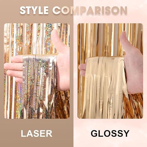 Voircoloria 3 Pack 3.3 x 8.2 ft Laser Champagne Foil Fringe Backdrop Curtains, Tinsel Streamers Birthday Party Decorations, Fringe Backdrop for Graduation, Baby Shower, Gender Reveal, Disco Party thumbnail 5