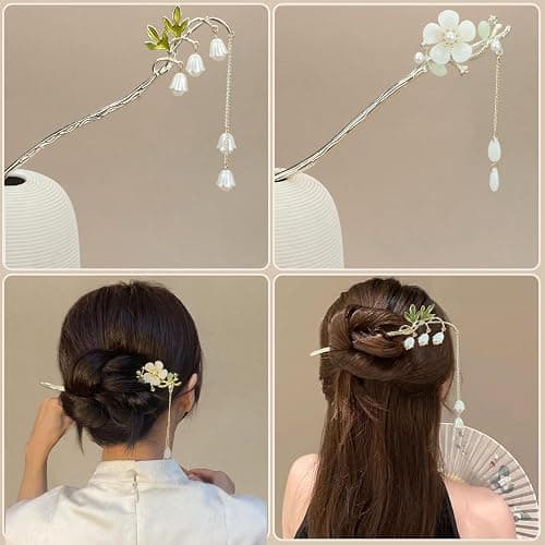 2Packs Lily of the Valley Chinese Hair Sticks for Buns, Pearl Flower Vintage Metal Hair Chopsticks for Women and Girls Dangle Tassel Pendant Hair Accessories Hanfu Handmade Decor Hairpin (white) thumbnail 4