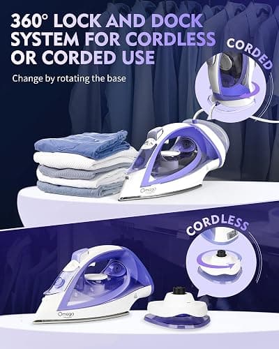OMAIGA Cordless Iron for Clothes, 1550W 2-In-1 Cordless/Corded Steam Iron Rapid Heating, Ceramic Soleplate, 3-Way Auto-Off, Self-Cleaning, 12.85oz Water Tank Ironing Clothes for Home, Purple thumbnail 4