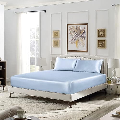SiinvdaBZX 3-Piece Set Satin Twin XL Fitted Sheet & 2 Pillowcase, Baby Blue Silky Soft Fitted Bottom Sheet Twin Extra Long Bed Sheets, Wrinkle Free, Fade Resistant (Deep Up to 15") thumbnail 4