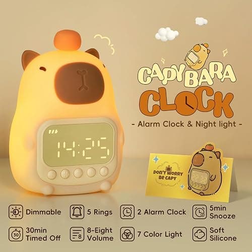 Yiliaw Capybara Alarm Clock with Night Light for Kids, 7 RGB Color Cute Alarm Clocks for Bedrooms Ok to Wake Clocks, Silicone Animal Tabletop Lamp for Teen Girls Boys thumbnail 2