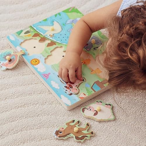 GRINNNIE Farm Animals and Vehicles Sound Puzzle (15 PCS) - Wooden Toddler Peg Puzzle Toys with Sound Effects for 3 4 5 Years Old, Birthday for Girls Boys thumbnail 6