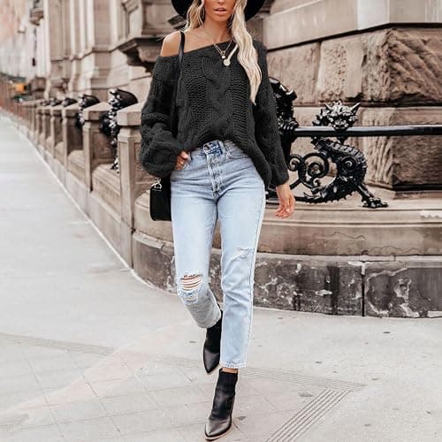 Women's Oversized Knit Crewneck Off Shoulder Long Sleeve Loose Solid Color Pullover Sweater Top thumbnail 2