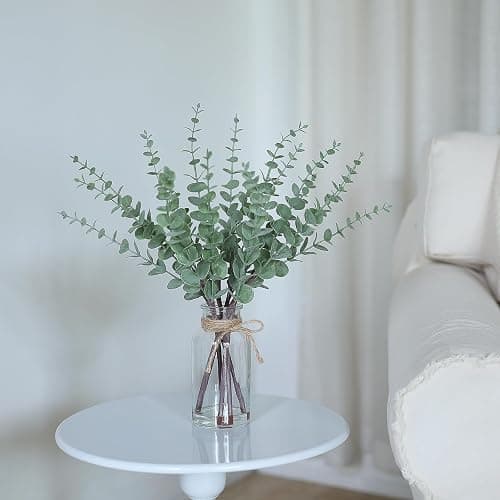 VIERENA 17.5" Artificial Eucalyptus Stems in Glass Vase with Faux Water,Fake Plant Eucalyptus Leaves White Seeds for Centerpiece Table Decorations Farmhouse Wedding Home Greenery Decor (Sage Green) thumbnail 2