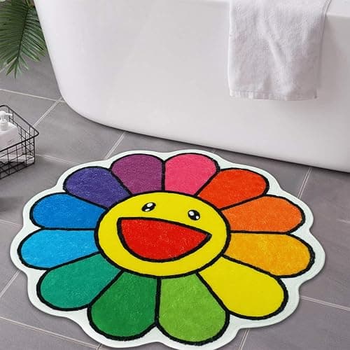Jizrecly Flower Bath Mat, Flower Cute Fun Bath Rugs Non-Slip Absorbent Bathmat for Bathroom Floor Tub Shower Decor Rainbow Smiley Face - Image 1