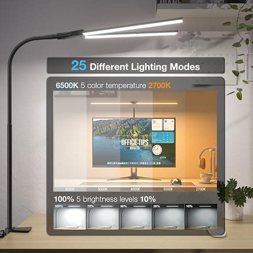 LED Desk Lamp for Home Office, Bright Double Head Desk Lamp with Clamp, Dimmable 5 Color Modes Desk Lighting, 12W Eye-Caring Architect Table Lamp for Workbench, Monitor, Reading, Study, 1400lm thumbnail 3