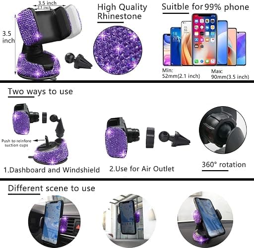 NBTEPEM 27 PCs Purple Violet Bling Car Accessories Set for Women, Steering Wheel Covers Universal Fit 15 Inch, Bling License Plate Frame, Bling Phone Holder, Bling Car Coasters thumbnail 5