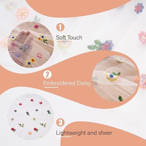 Lvory Embroidery Daisy Table Runner 10ft 120 Inch Fall Florals Gauze Tulle Cheesecloth Holiday Kitchen Dining Table Decoration for Home Wedding Party Baby Shower Birthday Decorations thumbnail 3