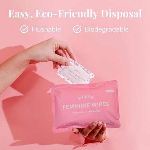 Pixie Feminine Wipes – Naturally Scented Rosewater + White Tea – Flushable, Biodegradable & pH Balanced – Individually Wrapped Wipes for On-The-Go – Cleaner for Menstrual Cups & Discs (2 Packs of 20) thumbnail 9