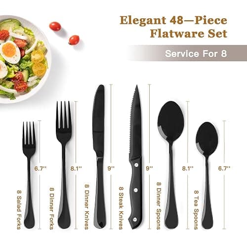 Astercook Silverware Set 48-Piece Black Flatware Set with Steak Knives Food-Grade Stainless Steel Cutlery Set for 8 Mirror Polished Utensils Set Include Spoons and Forks for Home Kitchen Restaurant thumbnail 3