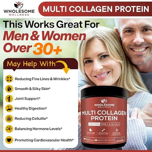 Wholesome Wellness Premium Multi Collagen Peptides Protein Powder for Women and Men, 5 Types of Hydrolyzed Collagen, Grass-Fed, Non-GMO & Unflavored, Pure Protein for Youthful Skin & Joint Recovery thumbnail 4