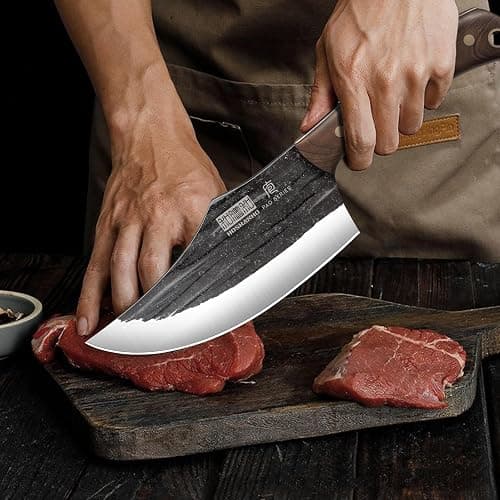 HOSHANHO Butcher Knife Set, Sharp Kitchen Knife Set & Roll Bag Gift for Men | Hand Forged 8PCS Butcher Chef Knife Set with Meat Cleaver Knife & Bone Chopper Knives & Fillet Knives for Home, Camping, BBQ thumbnail 2