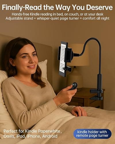 Kindle Holder with Remote Page Turner, Kindle Stand for Bed Reading, No Text Blocked 6mm Clip, No Margin Adjustments, Whisper-Quiet Page Turns, Fits 4.7-10" Devices (Paperwhite/Oasis, iPad/iPhone) thumbnail 4