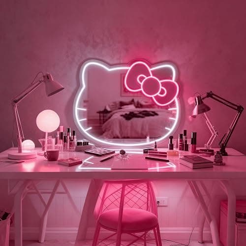 THIIXDAI Hello Kit Mirror with Light Neon Signs for Room Decor, USB Powered Cute Cat LED Lights, Teen Girl Best Gift, Makeup Mirror Neon Sign Wall Decor 16.1 * 13.97inch thumbnail 2
